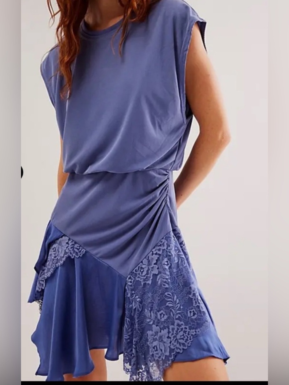 Free People Dusty Blue Lace-Trim Jazzy Mini Dress Small